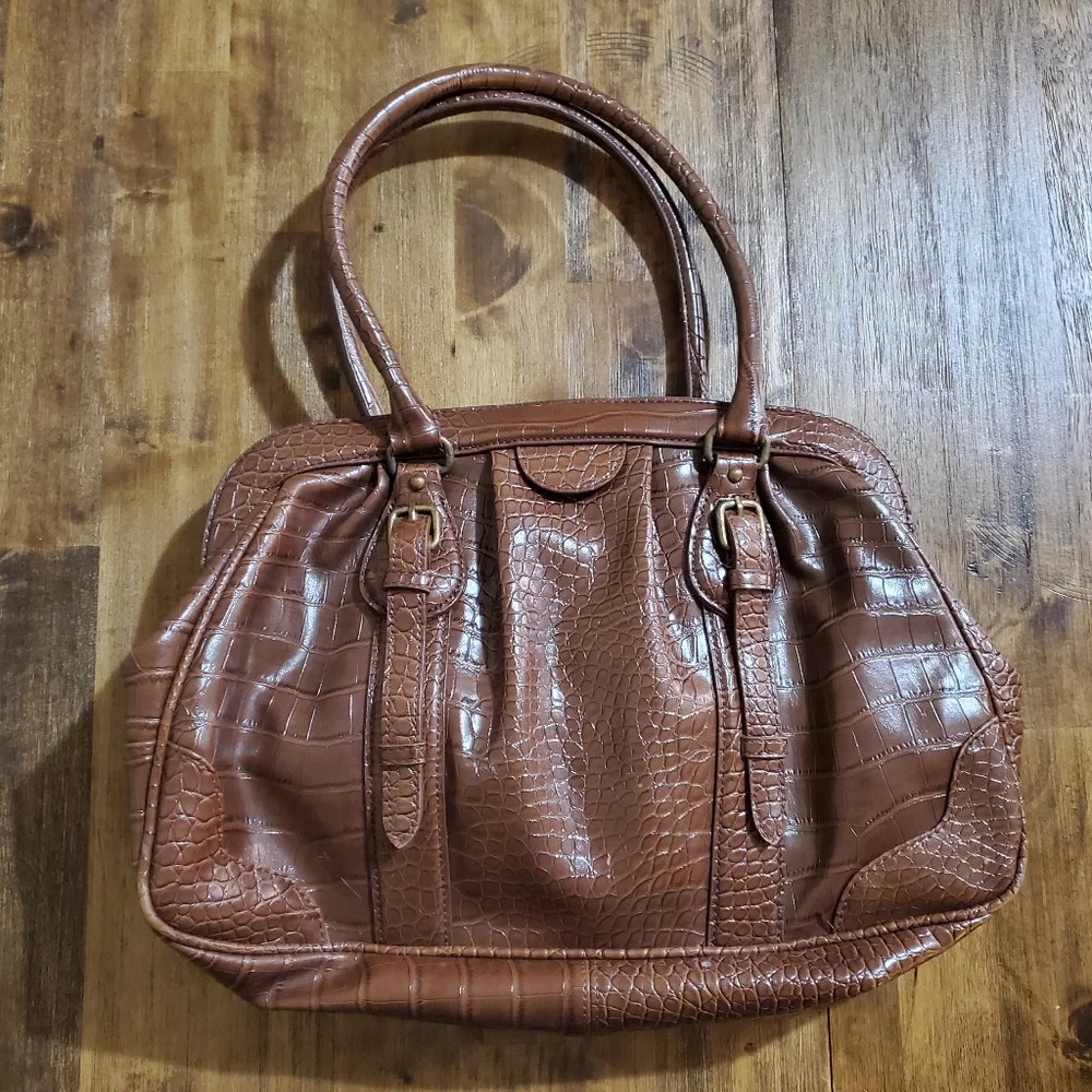 Women's Worthington Belted Satchel Handbag Purse Bag - Faux Croc Cognac Brown